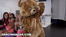 This tall bear gives blowjob and fucks hard on these porn girls